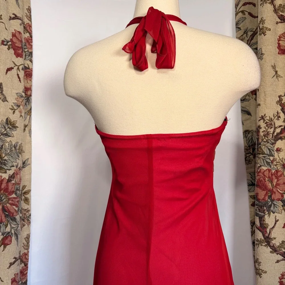 City Triangles Gorgeous Vintage Red Halter Gown with red beaded detailing